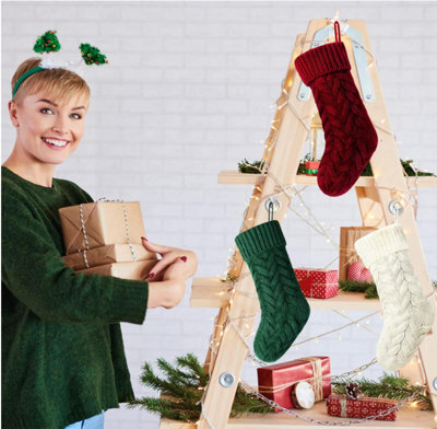 Amorly 3Pcs Cable Knit Xmas Stocking,red Green White Large Hanging Stocking Decor For Christmas Tree Home Holiday Party Decoration - image 1