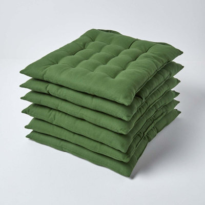 Homescapes Dark Olive Seat Pads Or Cotton Chair Cushions 40X40 Cm, Set Of 6 Plain Chair Pads For Dining, Kitchen Or Outdoor - image 1