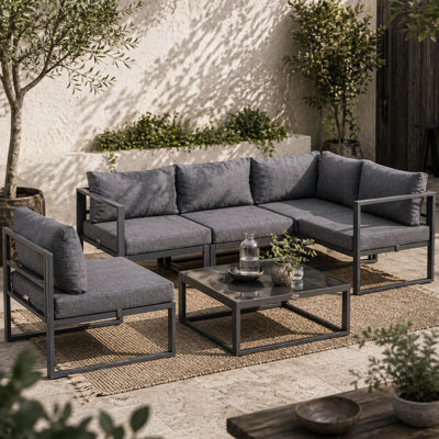 Wyld Haus Dokase 5-Seater Grey Modular Outdoor Corner Sofa Set With Coffee Table And Chair, Powder-Coated Aluminium Frame - image 1