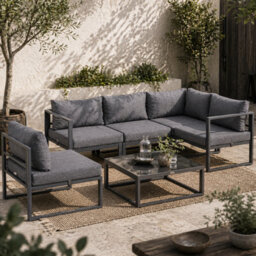 Wyld Haus Dokase 5-Seater Grey Modular Outdoor Corner Sofa Set With Coffee Table And Chair, Powder-Coated Aluminium Frame - thumbnail 1