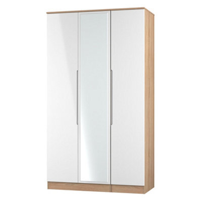 Messina Ready Assembled Modern White & Oak Effect Tall Triple Wardrobe With 1 Mirror Door (H)1970mm (W)1110mm (D)530mm - image 1
