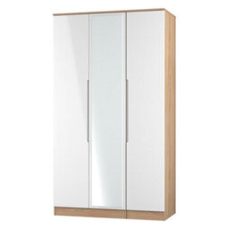 Messina Ready Assembled Modern White & Oak Effect Tall Triple Wardrobe With 1 Mirror Door (H)1970mm (W)1110mm (D)530mm - thumbnail 1