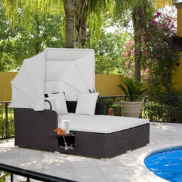 Costway Outdoor Hand-Woven Pe Wicker Daybed Patio Loveseat Sofa Set Retractable Canopy - thumbnail 9
