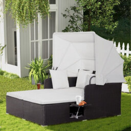 Costway Outdoor Hand-Woven Pe Wicker Daybed Patio Loveseat Sofa Set Retractable Canopy - thumbnail 3