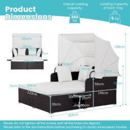 Costway Outdoor Hand-Woven Pe Wicker Daybed Patio Loveseat Sofa Set Retractable Canopy - thumbnail 2