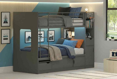 Grey Storage Bunk Bed With Shelves, Cupboard And Ladder 3Ft Single - image 1