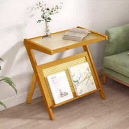 Bamboo End Table Side Table  Magazine Rack Temper Glass Top - thumbnail 3