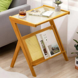 Bamboo End Table Side Table  Magazine Rack Temper Glass Top - thumbnail 5