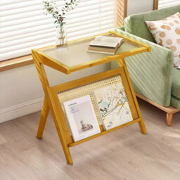 Bamboo End Table Side Table  Magazine Rack Temper Glass Top - thumbnail 6