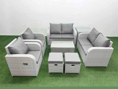 Fimous 8 Seater Outdoor Reclining Chair Love Sofa Set Rattan Garden Furniture Set Coffee Table 2 Stools Side Table Light Grey - image 1