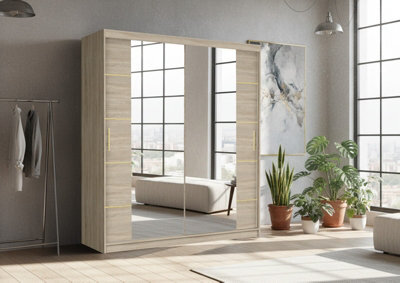 Fhif Dallas Gold 150Cm Oak Sliding Door Wardrobe Modern Bedroom Storage With Full Length Mirror Shelves And Hanging Rails - image 1