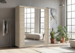Fhif Dallas Gold  150Cm Oak  Sliding Door Wardrobe Modern Bedroom Storage With Full Length Mirror Shelves And Hanging Rails