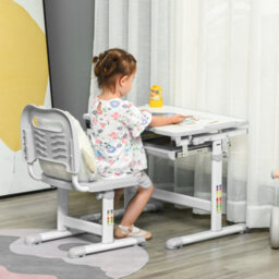Homcom Kids Desk And Chair Set W/ Drawer, Pen Slot Hook - Grey - thumbnail 1