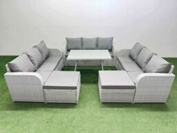 Fimous 11 Seat Outdoor Pe Rattan Garden Furniture With Cushions 3 Seater Sofa 2 Big Stools Light Grey