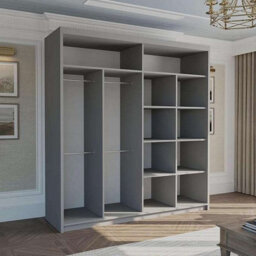M N Furniture Ltd Wardrobe With Led Light Modern Sliding Door Wardrobe - Adjustable Interior Bedroom Cabinet With Curved Mirror (Grey,203Cm) - thumbnail 3