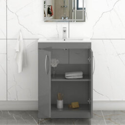 Royal Bathrooms Turin Indigo Grey Gloss 600mm Floor Standing Vanity Unit 2 Door With Minimalist Basin Sink - thumbnail 3