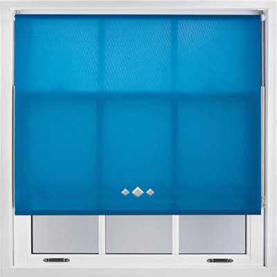 FURNISHED Trimmable Roller Blind With Triple Diamond Chrome Eyelet And Metal Fittings - Teal Daylight Shade (W)205Cm X (L)165Cm