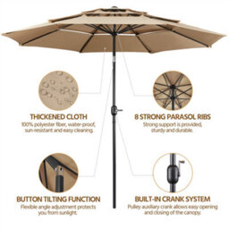 Yaheetech Tan 3.2M 3 Tier Tiltable Patio Parasol Vented Table Umbrella With Crank - thumbnail 4
