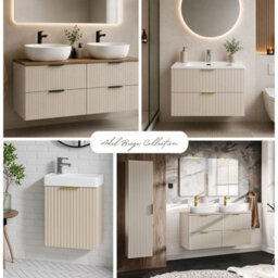 Impact Furniture Double Vanity Unit Beige Bathroom 1200mm Cabinet Cashmere Drawers Storage Oak Effect Countertop Worktop Adel - thumbnail 6