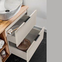 Impact Furniture Double Vanity Unit Beige Bathroom 1200mm Cabinet Cashmere Drawers Storage Oak Effect Countertop Worktop Adel - thumbnail 8