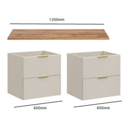 Impact Furniture Double Vanity Unit Beige Bathroom 1200mm Cabinet Cashmere Drawers Storage Oak Effect Countertop Worktop Adel - thumbnail 4
