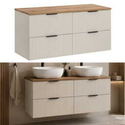 Impact Furniture Double Vanity Unit Beige Bathroom 1200mm Cabinet Cashmere Drawers Storage Oak Effect Countertop Worktop Adel - thumbnail 1