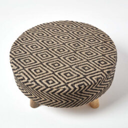 Homescapes Black And Natural Circular Footstool With Diamond Pattern - thumbnail 3