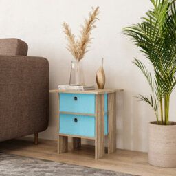 Urbn-Living Urbnliving Height 45Cm 2 Tier Wooden Oak Table 2 Light Blue Drawer Bedroom Bedside Nightstand Living Room Side Cabinet - thumbnail 3