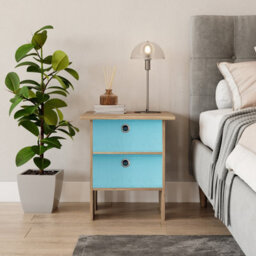 Urbn-Living Urbnliving Height 45Cm 2 Tier Wooden Oak Table 2 Light Blue Drawer Bedroom Bedside Nightstand Living Room Side Cabinet - thumbnail 2