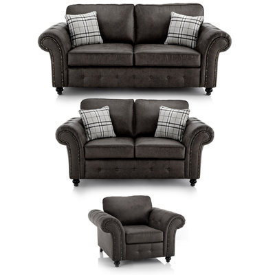 Furnishings For Less UK Oakland 3 Piece Sofa Suite 3 Seater, 2 Seater And Armchair Chesterfield Leather Air Charcoal Grey - image 1