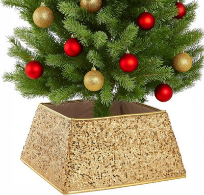 Festive Fix Gold Sequin Christmas Tree Skirt Foldable Four Side Base Cover With Velcro For Real And Artificial Trees - image 1