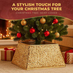 Festive Fix Gold Sequin Christmas Tree Skirt Foldable Four Side Base Cover With Velcro For Real And Artificial Trees - thumbnail 3