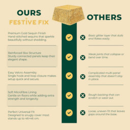 Festive Fix Gold Sequin Christmas Tree Skirt Foldable Four Side Base Cover With Velcro For Real And Artificial Trees - thumbnail 8