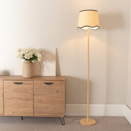 Valuelights Heather Light Wood Stem Floor Lamp With Scallop Black Trim Tapered Shade And Led Bulb