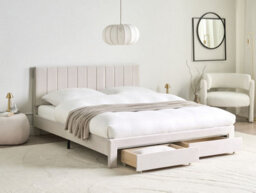 Beliani Bed With Storage Drawers Velvet Lonzac 160 X 200 Cm (Eu King Size) Off-White - thumbnail 2