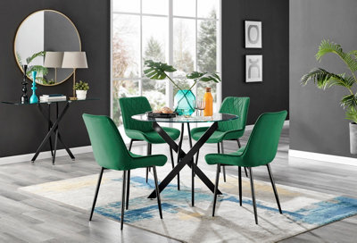 Furniturebox Novara Clear Tempered Glass 100Cm Round Dining Table With Black Starburst Legs & 4 Green Pesaro Soft Velvet Chairs - image 1