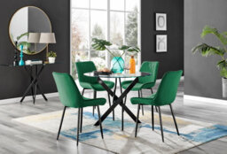 Furniturebox Novara Clear Tempered Glass 100Cm Round Dining Table With Black Starburst Legs & 4 Green Pesaro Soft Velvet Chairs