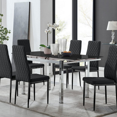 Furniturebox Uk Enna Black Glass Extending Dining Table And 6 Black Milan Black Leg Chairs - image 1