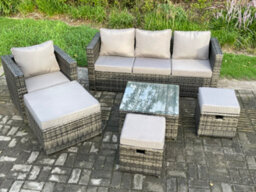 Fimous 6 Pcs Outdoor Lounge Sofa Set Wicker Pe Rattan Garden Furniture Set With Coffee Table 3 Small Footstools - thumbnail 1