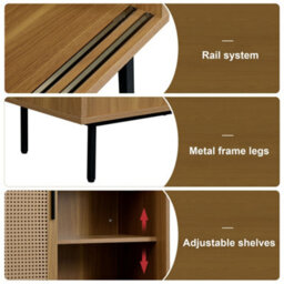 Merax Sideboard, Rattan Storage Cabinet With 2 Sliding Barn Doors, Kitchen Cupboard, Vintage Storage Unit, Walnut - thumbnail 6