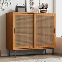 Merax Sideboard, Rattan Storage Cabinet With 2 Sliding Barn Doors, Kitchen Cupboard, Vintage Storage Unit, Walnut - thumbnail 1
