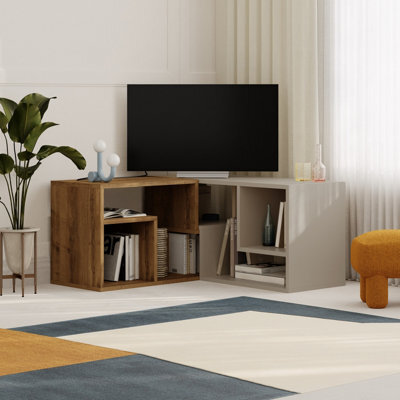 Decortie Modern Glis Corner Tv Unit Versatile Design For Tvs Up To 35 Inches Adjustable Tv Shelf Media Dark Oak Effect, Sandstone - image 1