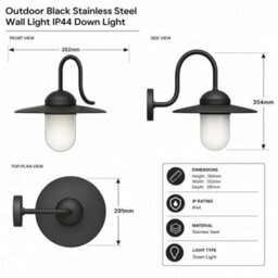 Outdoor Black Stainless Steel Wall Light Ip44 Down Light - thumbnail 3