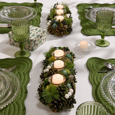 Dibor Set Of 2 Woodland Green Triple Table Centrepiece Christmas Decoration Candle Holders Tealight Holder 39Cm - image 1