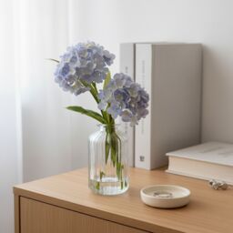 Candlelight Blue 21Cm Hydrangeas Artificial Floral Arrangement In Clear Ribbed Glass Vase - thumbnail 4