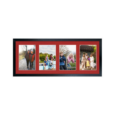 AK Frames 50X20Cm Black Sleek Multi Photo Frame With Crimson Mount - Holds 4 Apertures (4X) 6X4 Photos - image 1