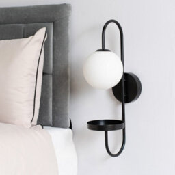 Valuelights Milo Frosted Glass Globe Shade Curved Matte Black Wall Light With Shelf - thumbnail 3