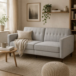Wyld Haus Sasari 2 Seater Velvet Light Grey Convertible Futon Sofa Bed With Tufted Seat And Split Backrests