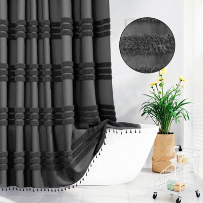 INHOUSOLU HOME DÉCOR Inhousolu Home Decor Stylish Woven Shower Curtain 256Gsm Boho Tufted Striped Waterproof - image 1