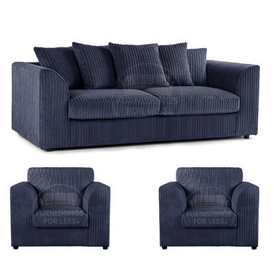 Furnishings For Less UK Luxor Jumbo Cord 3 + 1 + 1 Fabric 3 Piece Sofa Suite - Scatter Back Navy Blue - image 1